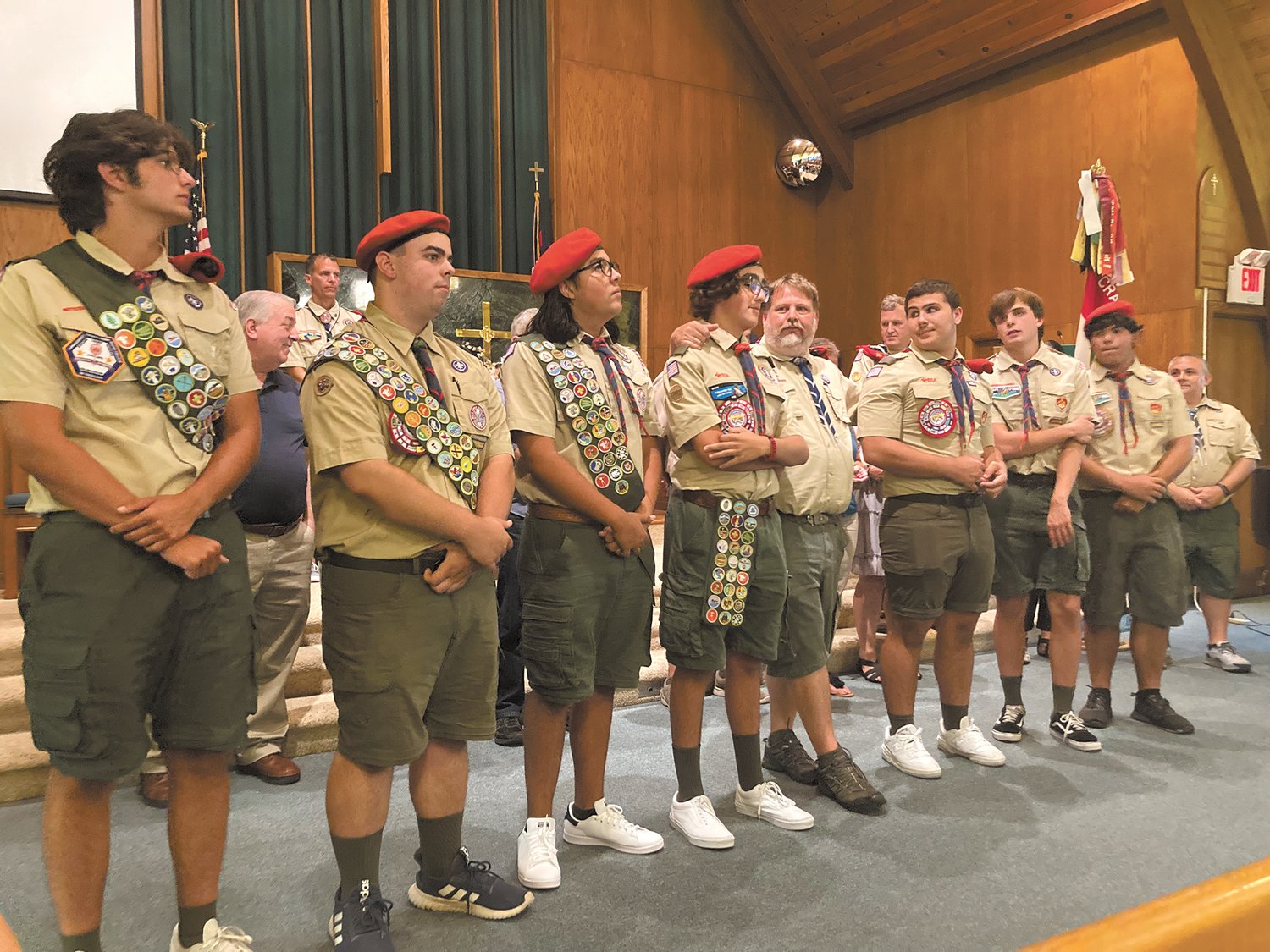 A FEW WORDS FROM THE SCOUT MASTER: Scout master Jeff Goldthwait recalls the growth he has seen from the seven scouts during his time as scout master. From left: Spencer Hill, Stephen Caniglia, Andrew Garcia, Eric Garcia, Jeff Goldthwait, Teddy Shackleford, Nick Cobb and Brian Alviti. (Herald photo)